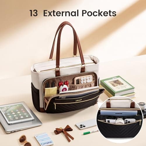 LOVEVOOK 17 Inch Laptop Teacher Tote Bag for Women, Work Nurse Bag with Large Cup Holder, Quilted Diaper Bag for Travel, Computer Women's handbags for Teacher gift, Apricot-brown - Thumbnail 4