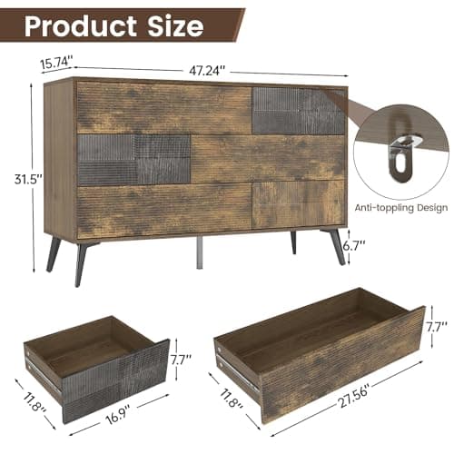 Hadulcet Fluted 6 Drawer Dresser for Bedroom, Modern Chest of Drawers with Push to Open Storage Organizer for Closet, 47” Handleless Wood Dresser TV Stand for Living Room, Entryway Nursery, Dark Wood - Thumbnail 2