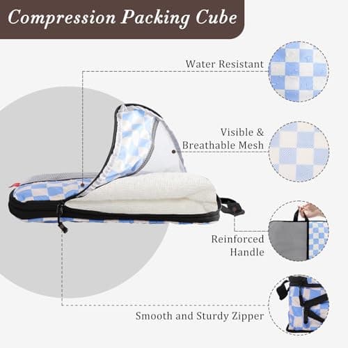 U+U 4 Set Compression Packing Cubes - Ultralight Travel Organizers, Space-Saving Suitcase Organizer, Expandable Packing Cubes for Travel, Business Trip and Family Vacation (Blue Checkered) - Thumbnail 2