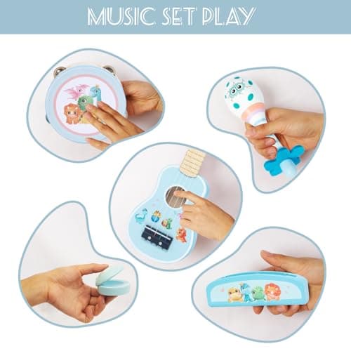 WoodenEdu Kids Guitar for Girls, Wooden Musical Instruments Toys with Ukulele, Tambourine, Maracas, Harmonica, Mini Band Sets for Toddlers 2 3 Years Old Birthday Gift (Blue for Boys) - Thumbnail 5