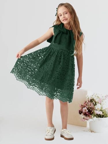 ALLOVIN Girls & Toddlers Sleeveless A-Line Lace Party Dress Birthday Wedding & Flower Girl Dress with Beaded Bowknot | Dark Green | 3-4T - Thumbnail 5