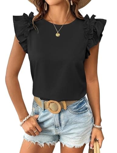 Womens Summer Shirts Trendy Ruffle Short Sleeve Tops Crew Neck Casual T-Shirts Cute Tee Tops Loose Fit Dressy Blouses Beach Vacation Black XXL - Image 1