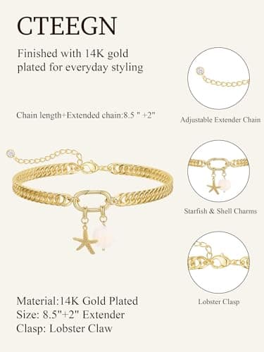 CTEEGN Anklets for Women Waterproof, 14K Gold Plated Anklet, Gold Ankle Bracelet for Women with Removable Starfish Seashell Charms, Cuban Link Anklet for Big Ankles, Non Tarnish Summer Beach Jewelry - Thumbnail 5