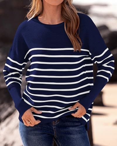 BTFBM Casual Women 2026 Fall Sweater Long Sleeve Ribbed Knit Pullover Loose Crewneck Batwing Split Sweater(Striped Navy White,X-Small) - Thumbnail 2