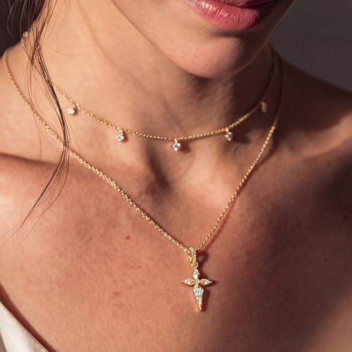 WEARON Cross Necklace for Women, Dainty 14K Gold Plated CZ Cross Pendant, 18inch Adjustable Chain, Non Tarnish Christian Faith Jewelry Gift for Wife Mother Friends - Thumbnail 3