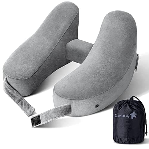 Sunany Neck Pillow for Travel Inflatable Airplane Pillow Comfortably Supports Head, Neck and Chin, Inflatable Travel Pillow with Soft Velour Cover and Portable Drawstring Bag (Grey) - Image 1