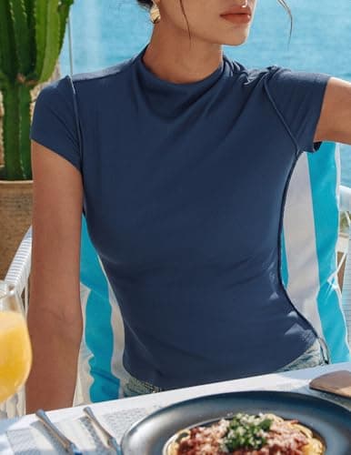 Womens Cap Sleeve Tops, Mock Neck Raw Hem Summer Shirts, Ribbed Y2K Going Out Crop Top, Trendy Fitted Tshirts(Navy, L) - Thumbnail 2