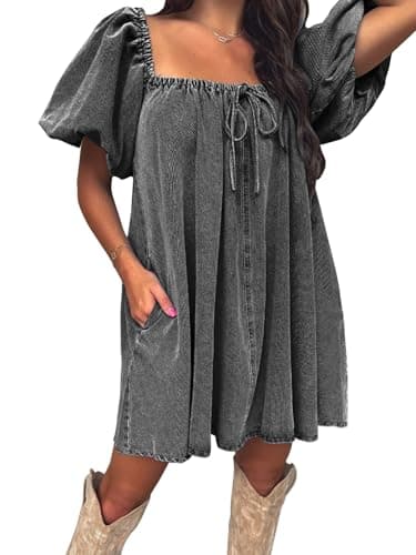 EXLURA Womens Summer Denim Short Puff Sleeve Dresses Knit Loose Plus Size Short Mini Dress 2026 Trendy Spring Outfits - Image 1