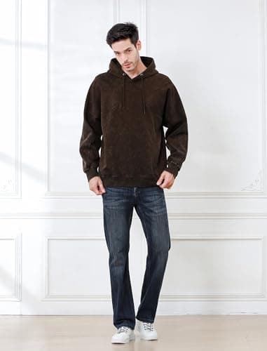 INVICTUSY Men's Oversized Hoodie Pullover Acid Wash Plush Cotton Hooded Fleece Sweatshirt Streetwear Unisex Casual Hoodies C Brown - Thumbnail 6