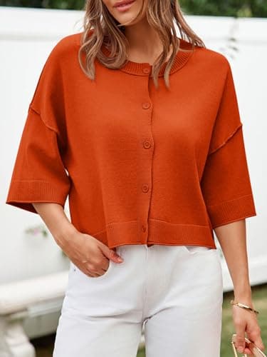 Cicy Bell Womens Half Sleeve Cardigan Sweaters Cropped Button Down Tops Oversized Lightweight Ribbed Knit Summer Outfits Orange - Thumbnail 2