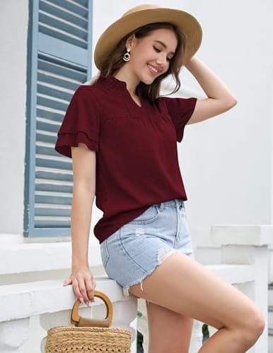 Aprolive Women Dressy V Neck Blouses Butterfly Ruffle Short Sleeve Shirts Cute Dressy Swiss Dot Trendy Tunic Top (Burgundy, XXL) - Thumbnail 3