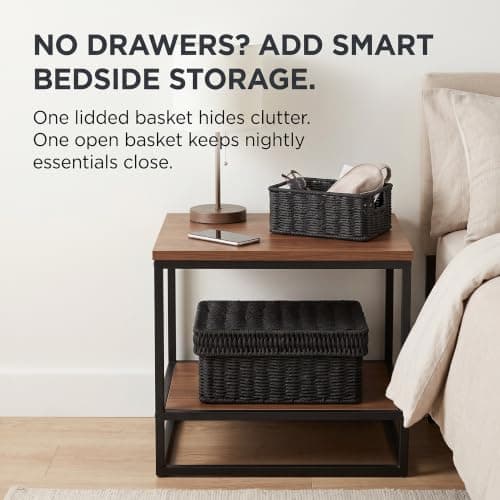 GANLUX Wicker Storage Basket with Lid - Woven Basket for Storage,Rectangular Decorative Boxes Bins with Lids for Shelves,living room, Nursery, 2 baskets+1 lid(Black) - Thumbnail 5