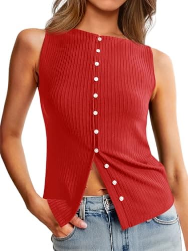 Tankaneo Womens Button Down Ribbed Tank Tops Cropped Cute Y2k Vest Tops Summer Going Out Outfits Red - Image 1