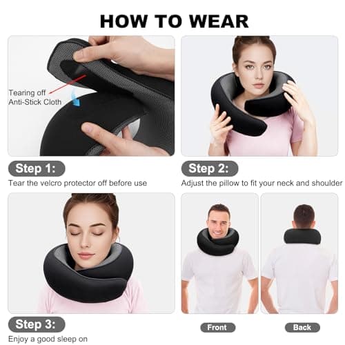 Bely King Travel Neck Pillow for Airplane - 100% Memory Foam 360° Ergonomic Support - Adjustable Velcro, Washable Velvet Cover & Compact Storage Case - Flight Essentials for Sleeping (Black) - Thumbnail 6