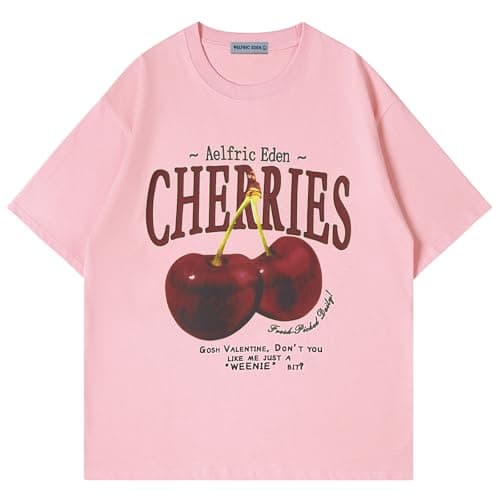 Aelfric Eden Oversized Graphic Tees Unisex Cherries Print T Shirts Casual Summer Short Sleeve Top Cotton Cute Tee Shirt Pink