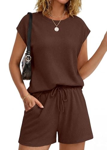 KIRUNDO Waffle Knit Short Sets For Women 2026 Summer Two Piece Cap Sleeve Lounge Set Matching Drawstring Vacation Outfits(Brown, XX-Large) - Image 1