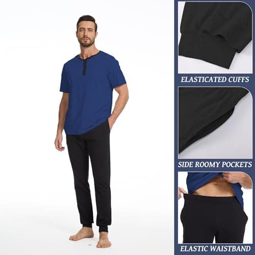 Navisting Men's 100% Cotton Short Sleeve Pajama Set with Henley Neckline Soft and Comfortable Nightwear 2-Piece Lounge Set S Dark Blue and Black - Thumbnail 5