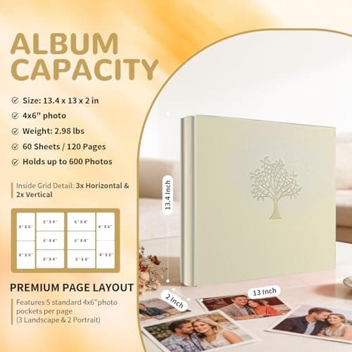 ROHODWELL Photo Album 4x6 600 Pockets Slip In, Extra Large Capacity PU Leather Cover Picture Album, Holds Horizontal & Vertical Photos for Family Wedding Baby Anniversary Christmas Gift (Ivory) - Thumbnail 2