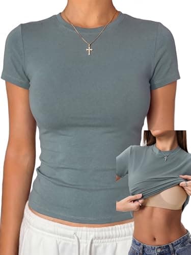 Danysu Basic Tops for Women with Built in Bra Cotton Jersey Short Sleeve T-Shirts Slim Fit Cute Gym Summer Clothes Stone Blue Medium - Image 1