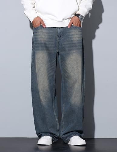 QGRSWBC Baggy Jeans Men Wide Leg Hip Hop Jeans Mid Rise Denim Pants Loose Fit Skater Trousers Haze Blue XS - Thumbnail 2