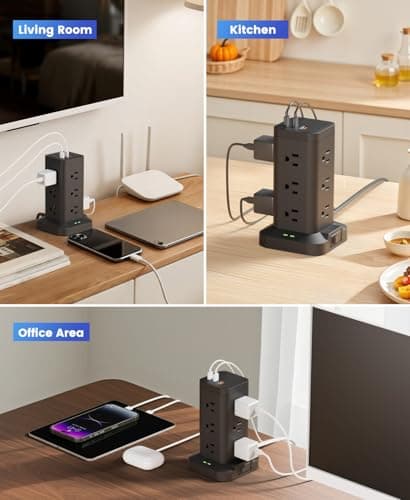 Tagzilo 15-in-1 Power Strip Tower with Surge Protector 1800J, Fast Charging Tower PD20W USB-C Ports with 12 AC Outlets, 9.8ft Extension Cord for Home Office Dorm Room, Black - Thumbnail 5
