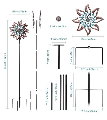 VUFOZ 360° Garden Wind Spinner for Outdoor Yard Art – W13xH64 Kinetic Windmill for Garden, Lawn, and Patio – Dahlia-Inspired Copper and Teal Wind Spinners Outdoor Decorative Yard Art - Thumbnail 2