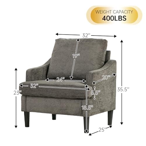 XYPFURN Accent Chairs Set of 2 for Living Room, Mid Century Modern Reading Chair with Side Storage Pocket, Comfy Upholstered Armchair with Solid Wood Legs for Bedroom, Office, Waiting Room (Gray) - Thumbnail 2