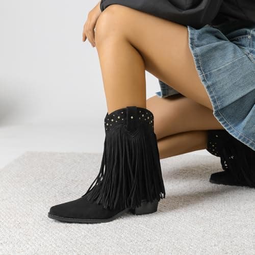 Amoji Womens Western Cowboy Boots Cowgirl Tassels 70S Hippie Fringe Boots Mid Calf Boots Pull On FZD307LS Black Size 11 - Thumbnail 2