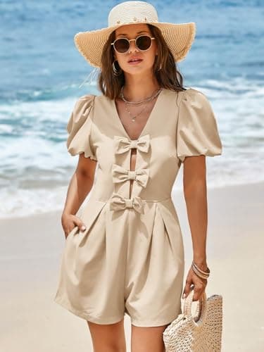 Cicy Bell Womens Cute Rompers Bow Front Puff Sleeve V Neck Short Jumpsuits Sexy Summer Outfits with Pockets - Thumbnail 5
