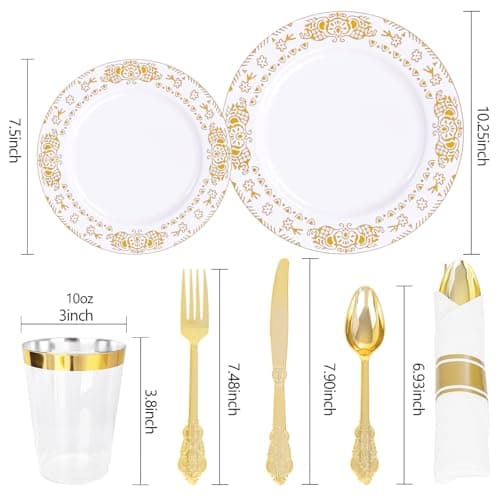 GATHER 350PCS White and Gold Plastic Plates - Gold Disposable Dinnerware Set Include 50 Dinner Plates, 50 Dessert Plates, 150 Gold Plastic Silverware, 50 Napkins, 50 Cups for Wedding & Party - Thumbnail 6
