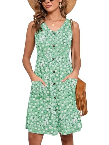 Heymoments Women Summer Dress Fresh Daisy XX-Large Sleeveless V Neck Casual Cute Loose Sundress Comfy Swing Button Down Midi Work Flowy Tunic Ladies Beach Vacation Teacher Dresses with Pockets - Image 1
