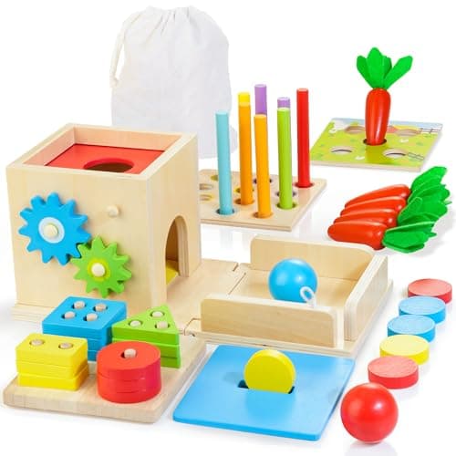 Kizfarm Wooden Montessori Baby Toys, 8-in-1 Wooden Play Kit Includes Object Permanent Box, Coin Box, Carrot Harvest, Shape Sorting & Stacking - Birthday Gift for Boys Girls Toddlers - Image 1