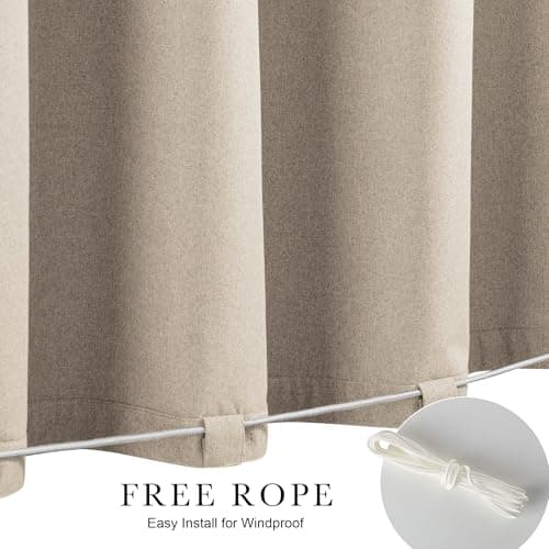 NICETOWN 100% Blackout Linen Outdoor Curtains for Patio, Waterproof & Windproof Gazebo Curtains Sticky-Back Top & Back Tab Bottom, Sun Shades with 2 Straps & Rope, W52 xL96, Natural, 2 Panels - Thumbnail 3