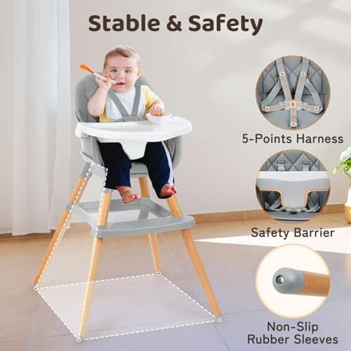 Ezebaby 6 in 1 High Chairs for Babies and Toddlers, Baby High Chair Convertible to Booster Seat and Toddler Chair, Wooden High Chair with Storage and Dishwasher Safe Tray - Thumbnail 5