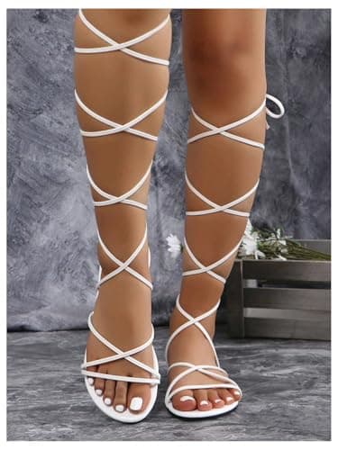 GORGLITTER Women's Lace Up Strappy Flat Sandals Wrap Tie Up Summer Gladiator Slides Shoes White 7.5 - Thumbnail 5