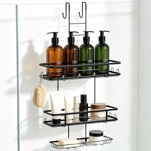 OMAIRA Over The Door Shower Caddy, 3-Tier Hanging Shower Organizer with 8 Hooks & Soap Holder, Height-Adjustable Rustproof Bathroom Shelf for Shower Door, No Drilling Storage Rack, Black - Image 1