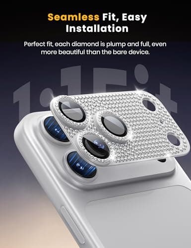 Hoerrye Bling Diamond Camera Lens Protector for iPhone 17 Pro - [1:1 Full Coverage][Strong Adsorption] 9H+ Tempered Glass Screen Protective Cover Case Friendly,Glitter Silver - Thumbnail 4