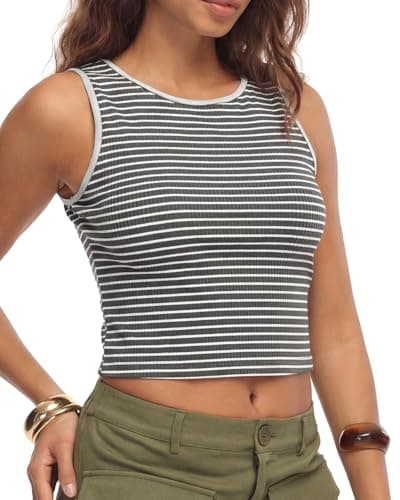 HiMONE Women’s Slim Fit Striped Tank Top Sleeveless Crew Neck Cropped Casual Summer Stretch Knit Top XS - Image 1