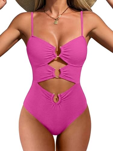 ANRABESS Women One Piece Swimsuits Sexy Cutout Full Coverage Bathing Suit Ring Link Ruched Monokini Beach Swimwear Hot Pink Large - Image 1
