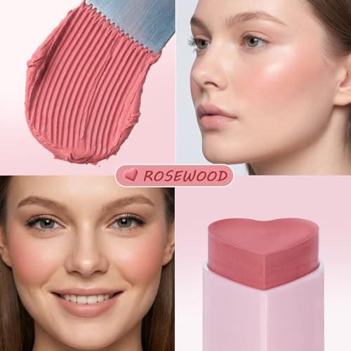 Blush Stick, Cream Blush for Cheeks & Lips, Easy to Blend, Heart-Shaped Soft Shimmer Finish, Natural Dewy Glow, Buildable Color, Long-Lasting, Travel-Friendly, ROSEWOOD, 0.25 oz - Thumbnail 2