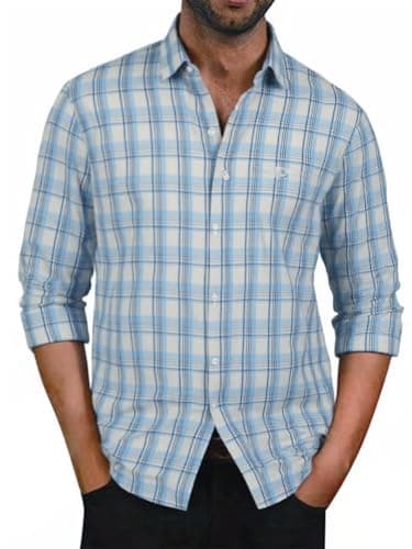 BAYAMO Men's Button-Down Plaid Shirts Casual Long Sleeve Cotton Linen Shirts for Men Fashion Business Shirt Blue M