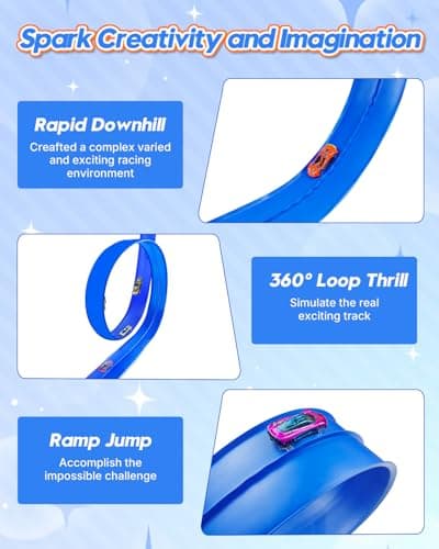 15 Ft Flexible Car Tracks for Kids Age 3 Up, Race Track with 6 Toy Cars, Flex Track Compatible Diecast 1/64 Cars with Suction Cups, Birthday for Boys (Blue) - Thumbnail 5