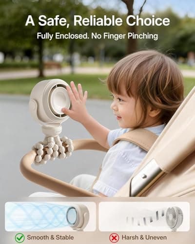 SWEETFULL Portable Stroller Fan, Pinch-Proof Baby Fan, 5-Speed Quiet Mini Clip on Fan, USB-C Rechargeable Battery, LED Display for Car Seat, Crib & Travel - Cream - Thumbnail 2