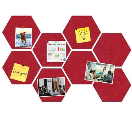 HULAVO Large Hexagon Felt Cork Board Tiles, Self Adhesive DIY Felt Bulletin Board Pin Board with 35 Pushpins for Office School Home Wall Decor Stickers Memos Photos Display(Red)