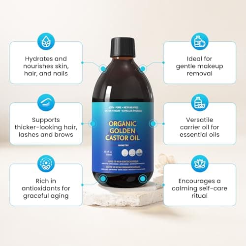 Skinetry Organic Golden Castor Oil - [16.9oz (500ml)]-100% Pure for Hair, Skin, Nails, Brows & Lashes Deep Hydration & Smoothing Promotes Hair & Brow Growth Makeup Clean- Hexane-Free - USDA Certified - Thumbnail 2