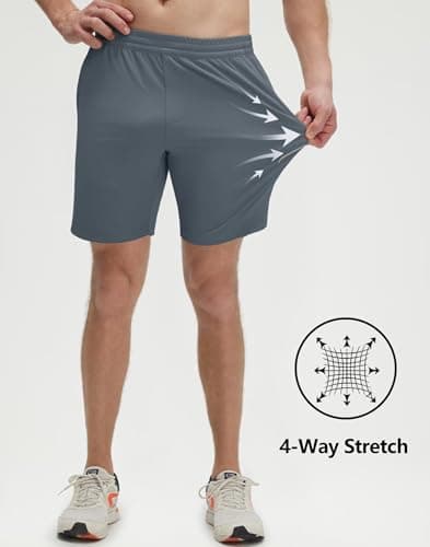 M MAELREG Men's Workout Running Shorts with Zipper Pockets 7 inch Quick Dry Workout Gym Athletic Shorts for Men Grey Blue - Thumbnail 4