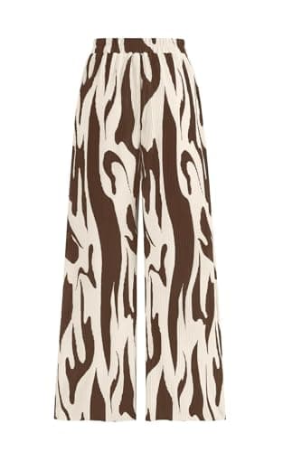 PRETTYGARDEN Graphic Print Elastic Waist Pleated Wide Leg Pants Woman Summer Beach Vacation Clothes for Women Travel Pant (Coffee on Beige, Small) - Image 1