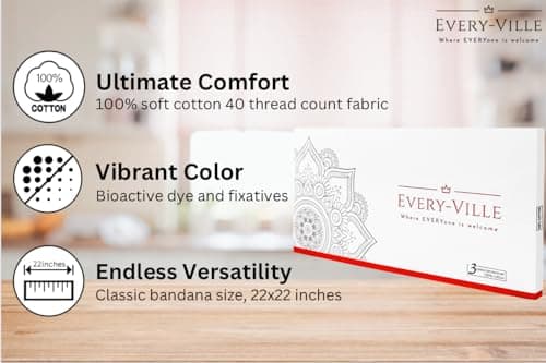 EVERY-VILLE Where EVERYone is Welcome Cotton Bandanas for Men Women- 3 Pack Gift Set, Paisley, 22x22 Inches, Red Black Blue - Thumbnail 2