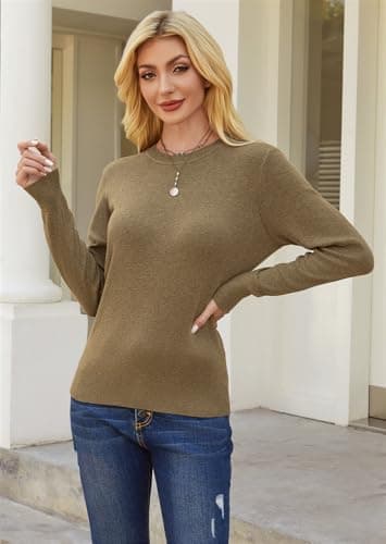 GKBK Womens Sweaters Wool Blend Crew Neck Lightweight Loose Fit Pullover Long Sleeve Fall Tops Business Casual Outfits 2025 Trendy Camel - Thumbnail 3