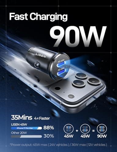 LISEN 90W USB C Car Charger USB C Fast Charge, 45W PD&QC 3.0 Fast Car Charger for iPhone 17 Pro Max 16 15 Pro, Cigarette Lighter USB Charger Adapter for Samsung S26 S25, Android [Metal&Mini] Sockets - Thumbnail 2